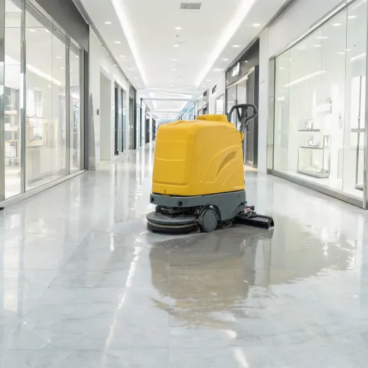 Walk-behind floor scrubber on a retail floor